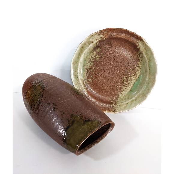 Ceramics set oval vase plate unique pottery art made in Japan vintage - Picture 4 of 4